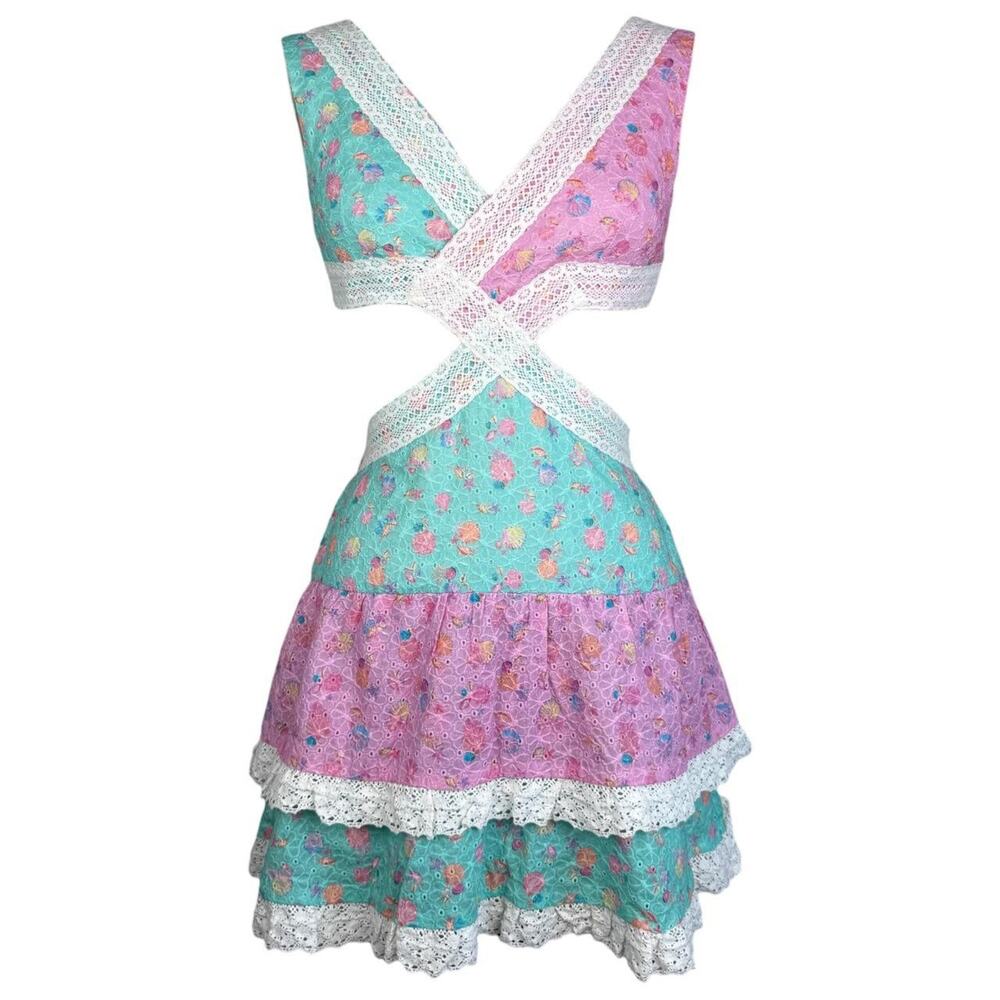Vintage Y2K Beach Bunny pastel Sea Shells lace tiered cutout mini dress XS